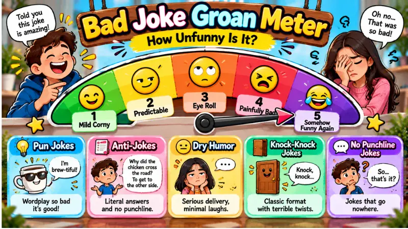 Bad joke groan meter showing different types of unfunny humor