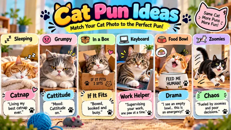 Cat pun ideas matched to different cat photos and behaviors