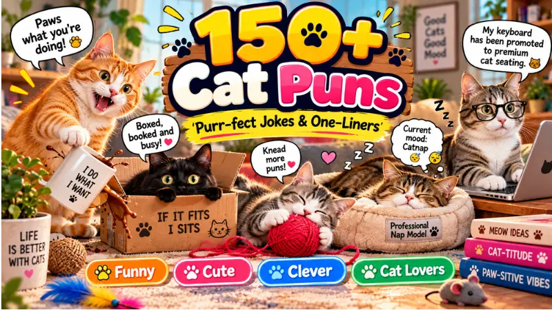 Funny cat puns and one-liners illustrated with playful cats and word bubbles