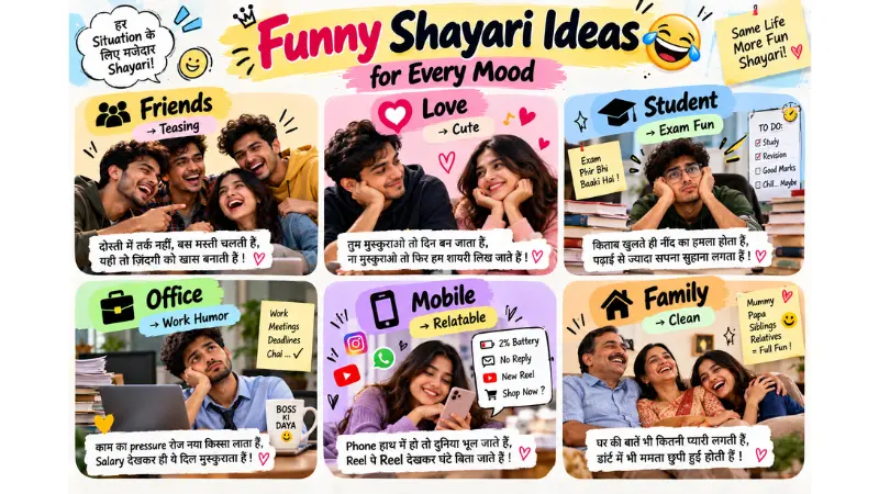 Funny Hindi Shayari ideas matched to friends, love, student and daily life moments