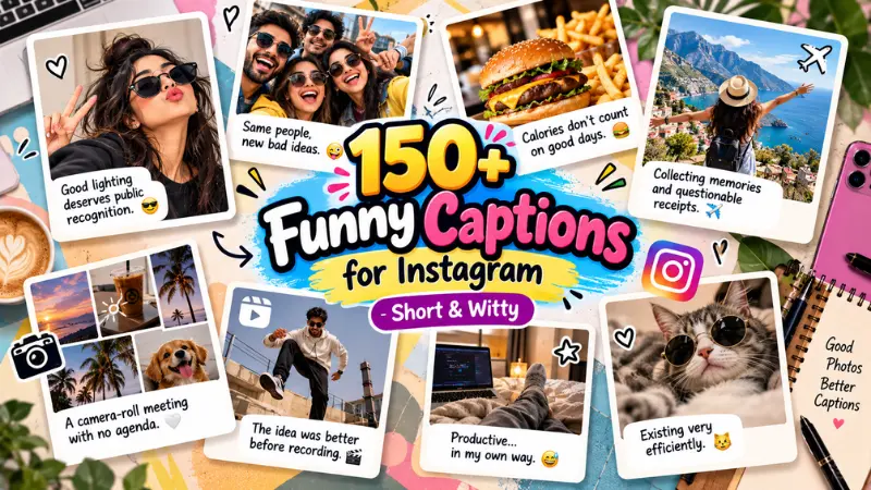 Funny captions for Instagram illustrated with social photo cards