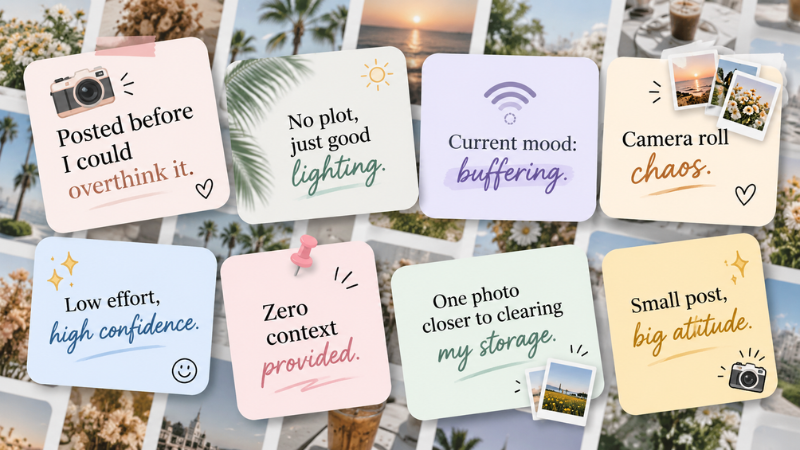 Short witty Instagram captions displayed as colorful caption cards