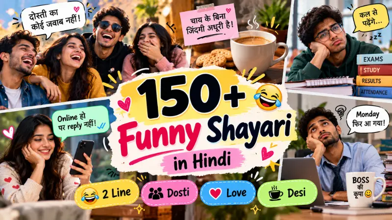 Funny Shayari in Hindi illustrated with friends, chai and comedy moments