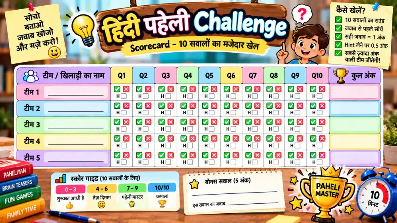 Hindi Paheli challenge scorecard with hints, answers and points