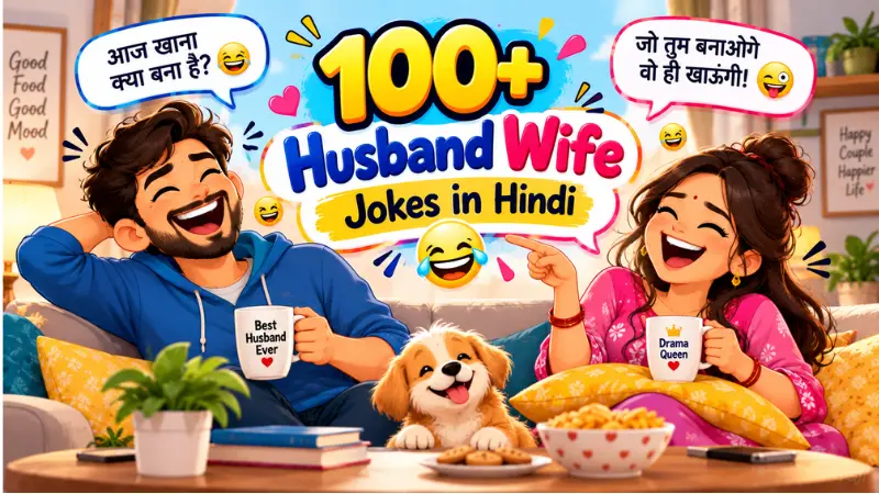 Husband and wife laughing together in a Hindi jokes illustration