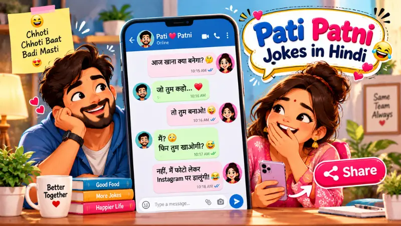 Pati Patni jokes in a shareable mobile chat illustration