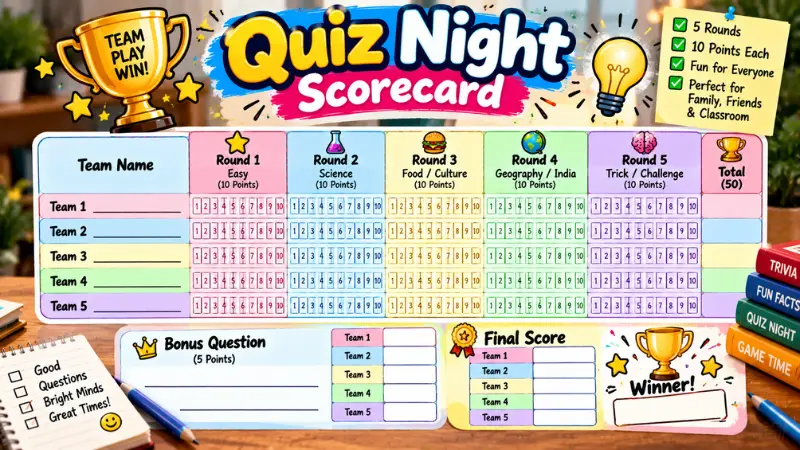 Quiz night scorecard with rounds, points and answer reveal ideas