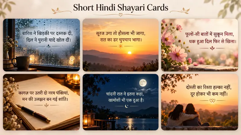 Short Hindi Shayari displayed on elegant two-line poetry cards