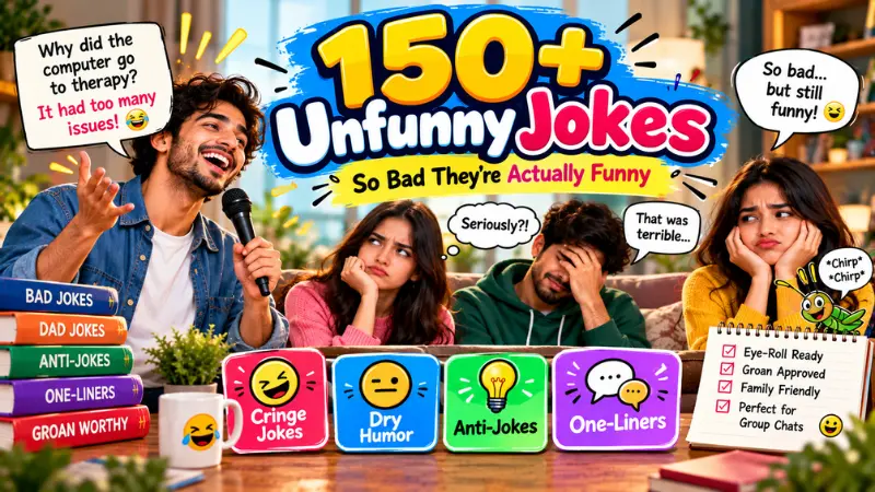 Unfunny jokes illustrated with awkward reactions and groan-worthy comedy