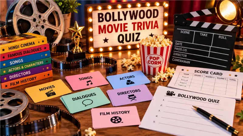 Bollywood movie trivia setup with cinema-themed props and quiz cards