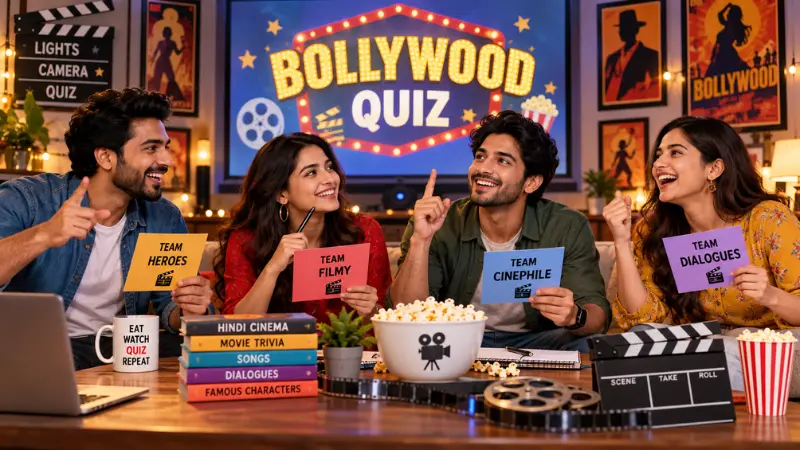 Friends enjoying a Bollywood movie quiz with question cards