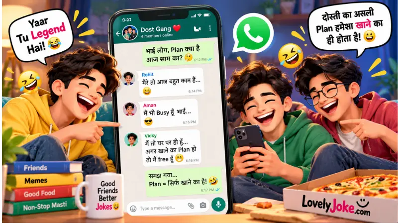 दोस्तों की मस्ती और group chat पर funny Hindi joke graphic