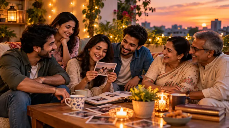 शाम के समय साथ बैठे दोस्त और परिवार के लोग पुरानी यादें साझा कर रहे हैं