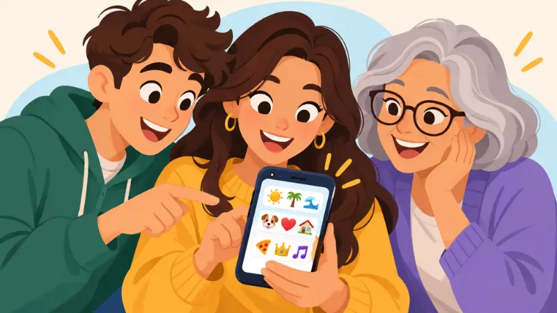 Three friends laughing while they solve emoji clues on one phone