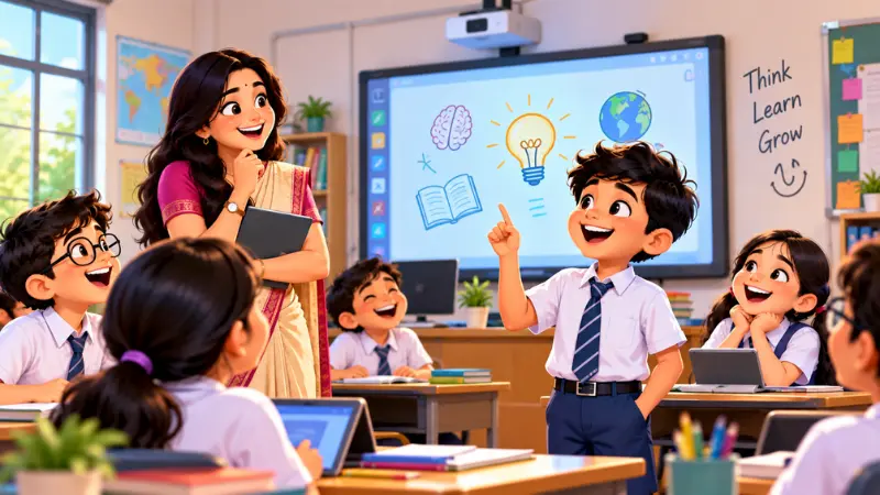 स्मार्ट क्लास में मजेदार सवाल का जवाब देता छात्र
