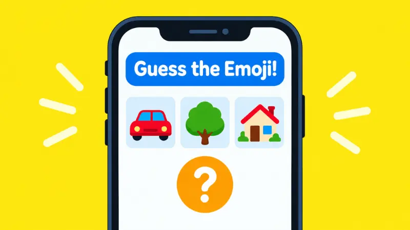 Phone screen showing emoji clue tiles for a guess the emoji quiz with answers