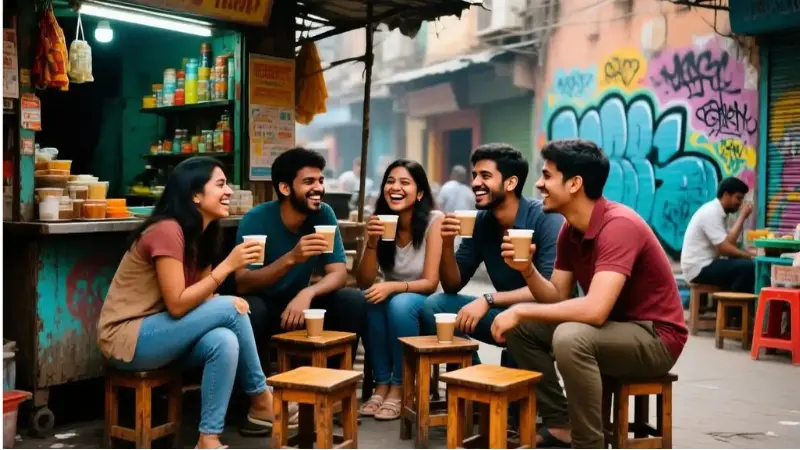 चाय की दुकान पर बैठकर हँसी-मजाक करते दोस्त