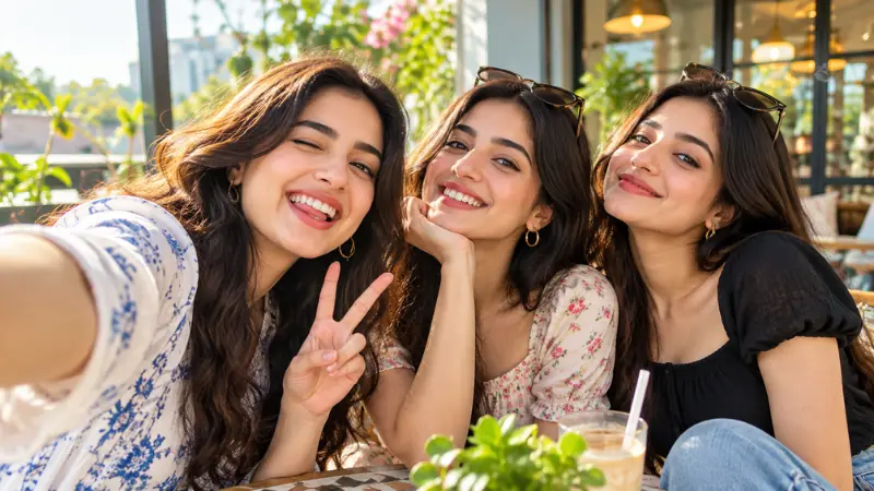 दोस्तों के साथ स्टाइलिश सेल्फी लेती मुस्कुराती युवतियां