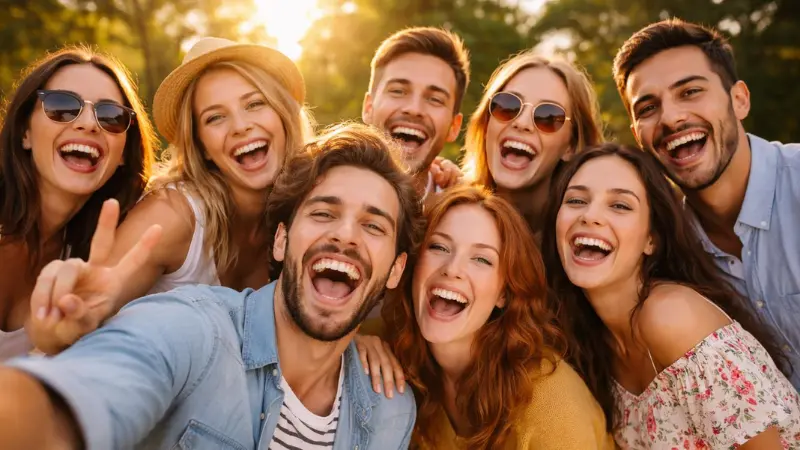 Friends taking a cheerful group selfie outdoors