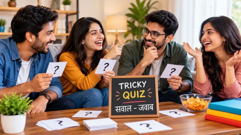 दोस्तों के साथ बैठकर मजेदार क्विज खेलते युवा